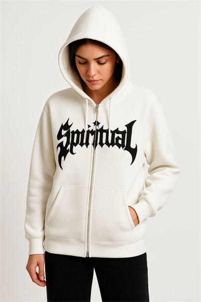 Oversize Kapüşonlu Sweatshirt Hoodie 3 İplik Şardonlu Pamuklu Kumaş, Önü Baskılı, Fermuarlı Rahat Kalıp, Kışlık Ve Sokak Stili Sweat - Beyaz