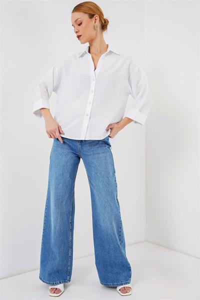 Oversize Kısa Kol Gömlek 20315 - Beyaz