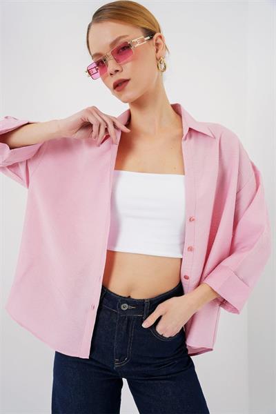 Oversize Kısa Kol Gömlek 20315 - Pembe