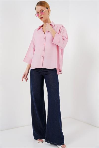 Oversize Kısa Kol Gömlek 20315 - Pembe