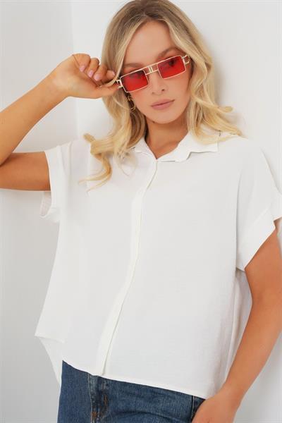 Oversize Kısa Kol Gömlek 20322 - Beyaz