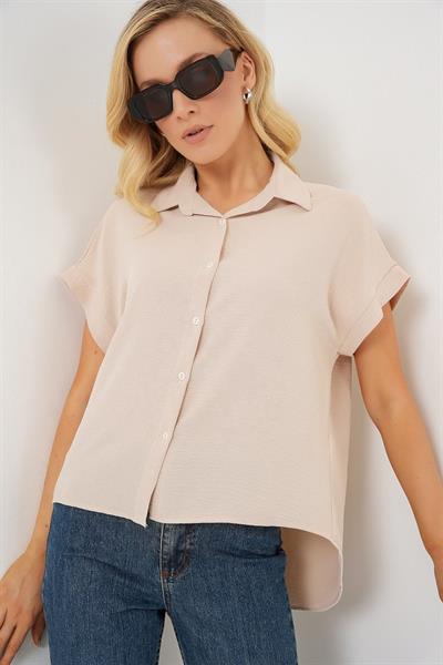 Oversize Kısa Kol Gömlek 20322 - Krem