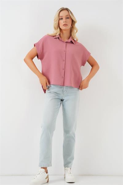 Oversize Kısa Kol Gömlek 20322 - Pembe