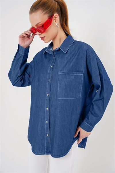 Oversize Kot Gömlek 20280 - Lacivert