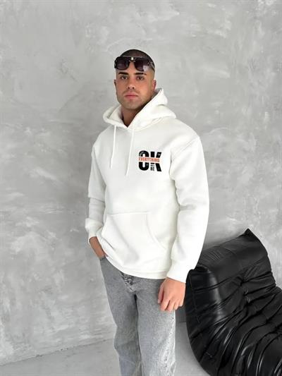 Oversize Üç İplik Kapüşonlu SweatShirt - Beyaz
