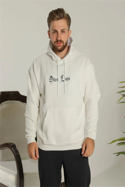 Oversize Üç İplik Şardonlu Kapüşonlu Sweatshirt – Beyaz “Other Lives” Ön Ve Arka Baskılı, Kanguru Cepli, Ribanalı Rahat Kışlık Model Beyaz