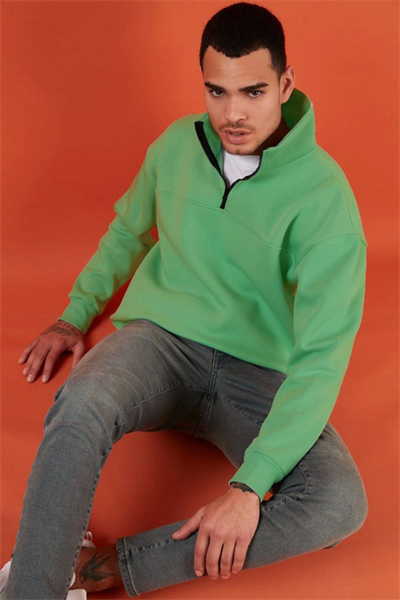 Oversize Yarım Farmuarlı Yakalı Basic SweatShirt - Yeşil