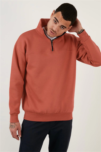 Oversize Yarım Farmuarlı Yakalı Basic SweatShirt - Gül Kurusu