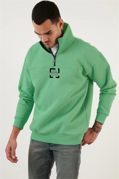Oversize Yarım Farmuarlı Yakalı Özel Tasarım Basic SweatShirt - Açık Yeşil