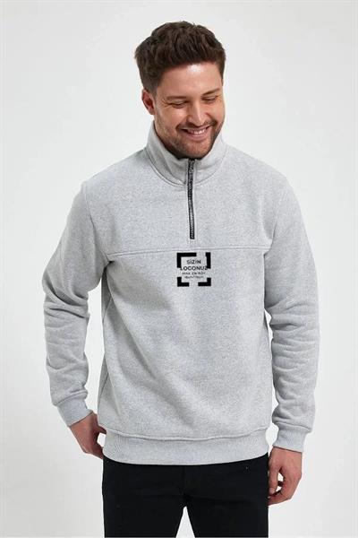 Oversize Yarım Farmuarlı Yakalı Özel Tasarım Basic SweatShirt - Gri