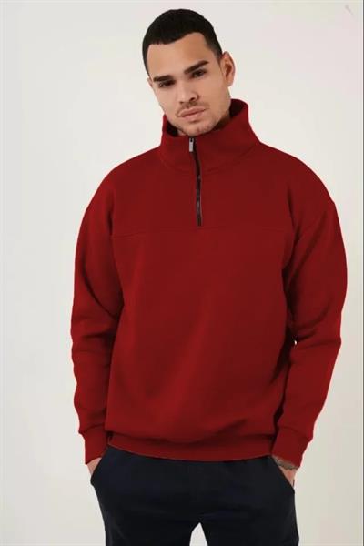 Oversize Yarım Farmuarlı Yakalı Özel Tasarım Basic SweatShirt - Bordo