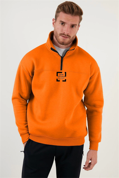 Oversize Yarım Farmuarlı Yakalı Özel Tasarım Basic SweatShirt - Turuncu