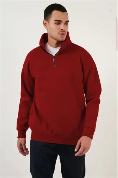 Oversize Yarım Farmuarlı Yakalı Özel Tasarım Basic SweatShirt - Bordo