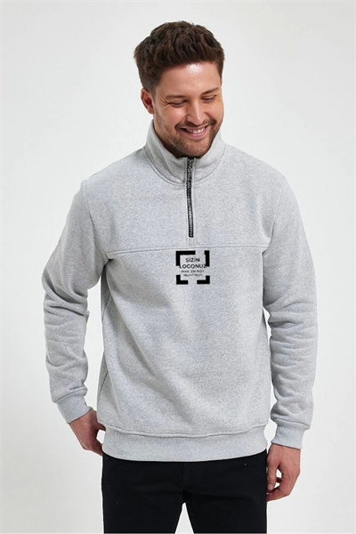 Oversize Yarım Farmuarlı Yakalı Özel Tasarım Basic SweatShirt - Gri