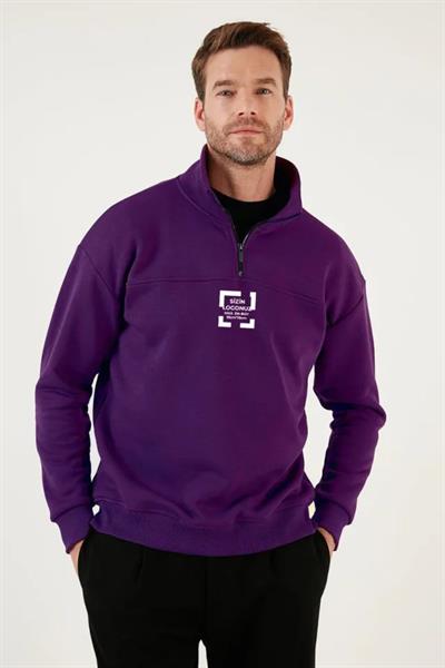 Oversize Yarım Farmuarlı Yakalı Özel Tasarım Basic SweatShirt - Mor