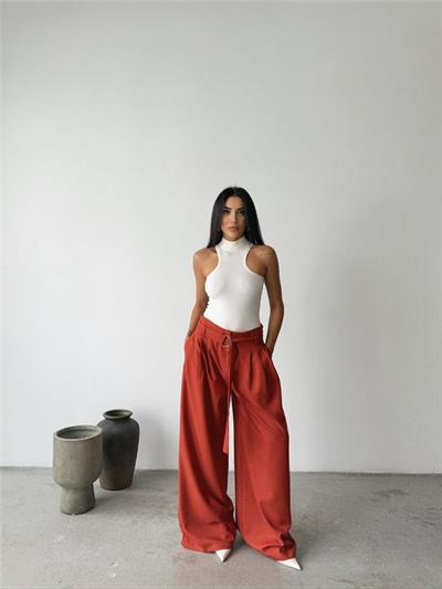 PALAZZO PANTOLON KUMAŞ KEMER DETAYLI - Kiremit