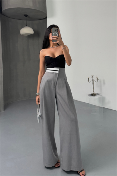 PANTOLON BEL ŞERİT DETAYLI - Gri