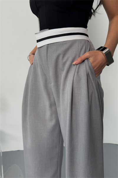PANTOLON BEL ŞERİT DETAYLI - Gri