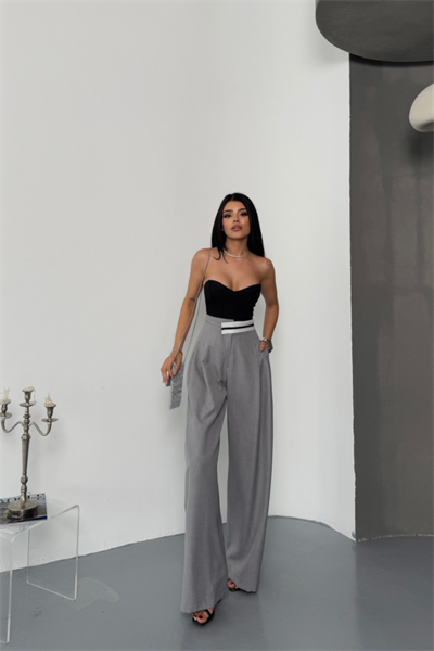 PANTOLON BEL ŞERİT DETAYLI - Gri