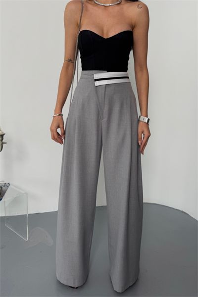 PANTOLON BEL ŞERİT DETAYLI - Gri