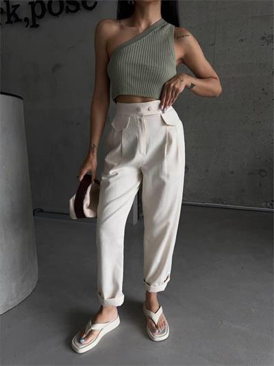 PANTOLON KAPALI CEP 3 DÜĞME DETAYLI - Ham