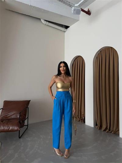 PANTOLON KAPALI CEP 3 DÜĞME DETAYLI - Mavi