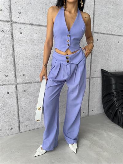 PANTOLON KENDİNDEN KEMER DETAYLI - Lila