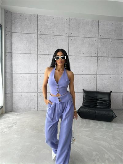 PANTOLON KENDİNDEN KEMER DETAYLI - Lila