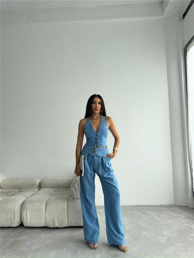 PANTOLON KENDİNDEN KEMER DETAYLI - Mavi