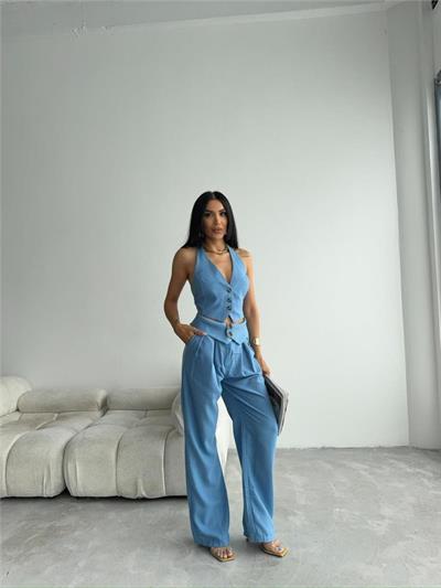 PANTOLON KENDİNDEN KEMER DETAYLI - Mavi