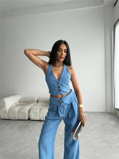 PANTOLON KENDİNDEN KEMER DETAYLI - Mavi