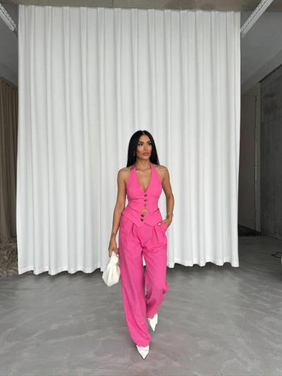 PANTOLON KENDİNDEN KEMER DETAYLI - Pembe