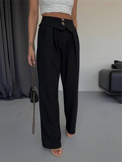 PANTOLON KENDİNDEN KEMER DETAYLI - Siyah