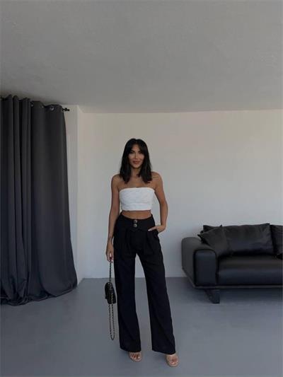 PANTOLON KENDİNDEN KEMER DETAYLI - Siyah