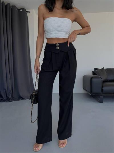 PANTOLON KENDİNDEN KEMER DETAYLI - Siyah