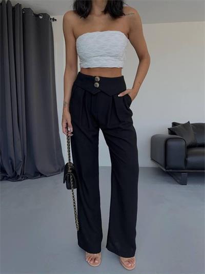 PANTOLON KENDİNDEN KEMER DETAYLI - Siyah