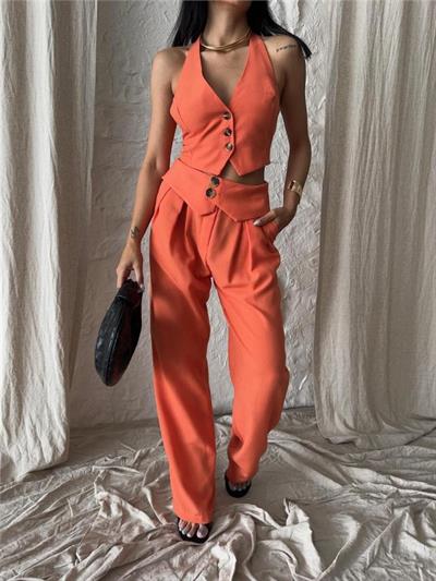 PANTOLON KENDİNDEN KEMER DETAYLI - Turuncu