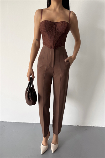 PANTOLON PENSLİ ATLAS KUMAŞ - Kahverengi