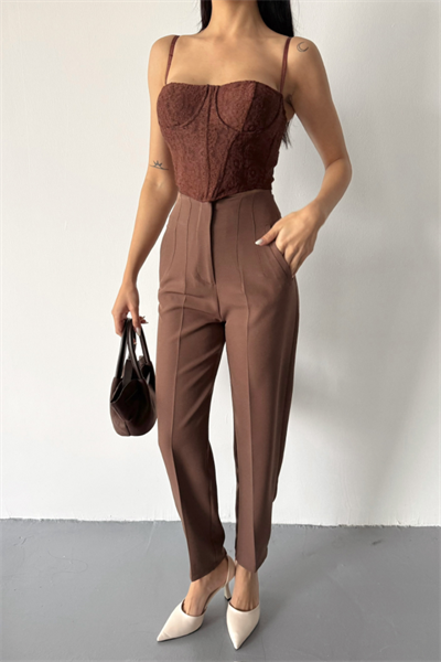 PANTOLON PENSLİ ATLAS KUMAŞ - Kahverengi