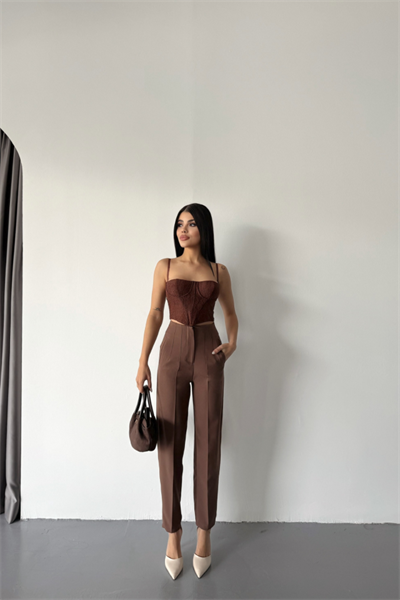 PANTOLON PENSLİ ATLAS KUMAŞ - Kahverengi