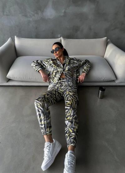 PARLAK DESENLİ SATEN KARGO PANTOLON - GÖMLEK TAKIM - Bej