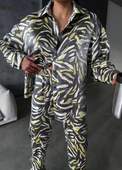 PARLAK DESENLİ SATEN KARGO PANTOLON - GÖMLEK TAKIM - Bej