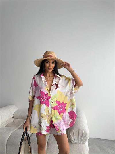 PEMBE DESENLİ SATEN ŞORT GÖMLEK TAKIM - Pembe