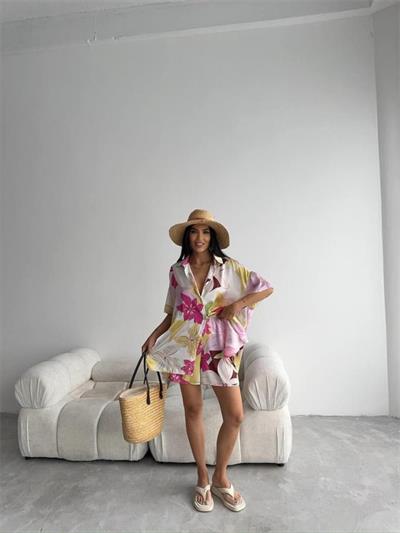 PEMBE DESENLİ SATEN ŞORT GÖMLEK TAKIM - Pembe