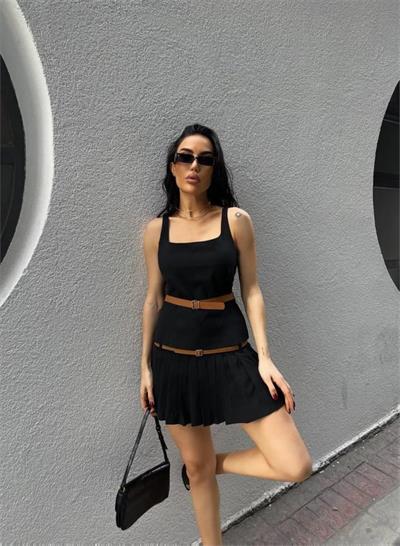 POLYVİSCON PİLE VE KEMER DETAYLI KISA ETEK - Siyah