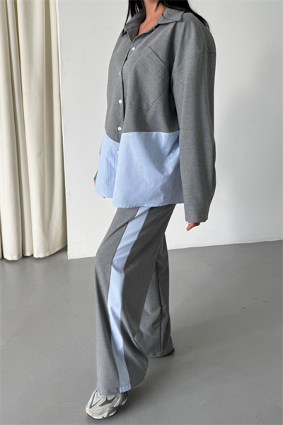 POLYVİSKON - POPLİN PARÇALI GÖMLEK PANTOLON TAKIM - Gri