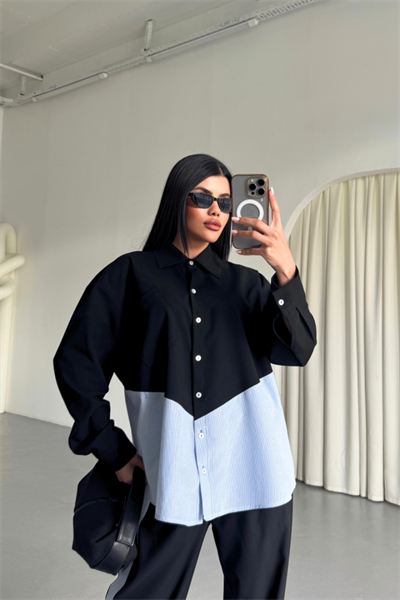 POLYVİSKON - POPLİN PARÇALI GÖMLEK PANTOLON TAKIM - Siyah