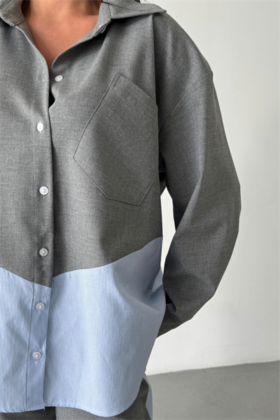 POLYVİSKON - POPLİN PARÇALI GÖMLEK PANTOLON TAKIM - Gri