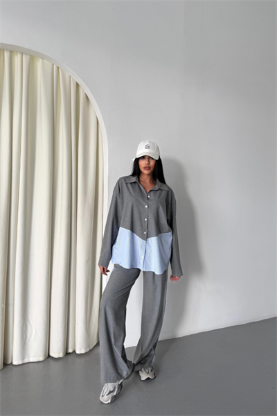 POLYVİSKON - POPLİN PARÇALI GÖMLEK PANTOLON TAKIM - Gri