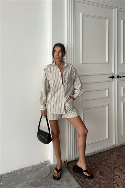 POPLİN ÇİZGİLİ GÖMLEK - ŞORT TAKIM - Bej